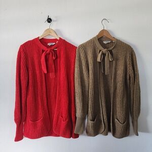 Set Of 2 80s Womens Bow Tie Cardigan Sweaters Red Brown Front Tie Small Long
